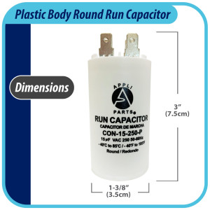 Appli Parts Condensador Capacitor de Marcha 15 Mfd uF (microfaradios) 250VAC CBB60 Cuerpo plastico para bombas de agua y otras aplicaciones Redondo UL E476928 7.5cm Alto 3.5cm Ancho CON-15-250-P Appli Parts Condensador Capacitor de Marcha 15 Mfd uF (microfaradios) 250VAC CBB60 Cuerpo plastico para bombas de agua y otras aplicaciones Redondo UL E476928 7.5cm Alto 3.5cm Ancho CON-15-250-P