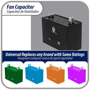 Appli Parts Fan Capacitor 2.5 mfd (microfarads) uf 250 VAC with 2 Terminal Connections compatible with any brand within the same range capacitance 1-1/2in Width 5/8in Depth 1-3/8in Height CAP-2.5-250