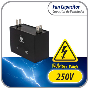 Appli Parts Fan Capacitor 2.5 mfd (microfarads) uf 250 VAC with 2 Terminal Connections compatible with any brand within the same range capacitance 1-1/2in Width 5/8in Depth 1-3/8in Height CAP-2.5-250