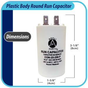 Appli Parts Condensador Capacitor de Marcha 25 Mfd uF (microfaradios) 250VAC CBB60 Cuerpo plastico para bombas de agua y otras aplicaciones Redondo UL E476928 8 cm Alto 4 cm Ancho CON-25-250-P Appli Parts Condensador Capacitor de Marcha 25 Mfd uF (microfaradios) 250VAC CBB60 Cuerpo plastico para bombas de agua y otras aplicaciones Redondo UL E476928 8 cm Alto 4 cm Ancho CON-25-250-P