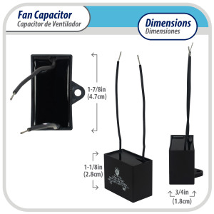 Appli Parts Condensador Capacitor de ventilador 5 mfd (microfaradios) uf 250VAC con 2 cables compatible con cualquier marca de igual capacitancia 4.7cm Ancho 1.8cm Prof 2.8cm Alto CAP-5-250-2C Appli Parts Condensador Capacitor de ventilador 5 mfd (microfaradios) uf 250VAC con 2 cables compatible con cualquier marca de igual capacitancia 4.7cm Ancho 1.8cm Prof 2.8cm Alto CAP-5-250-2C