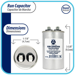 Appli Parts Condensador Capacitor de Marcha 35 Mfd uF (microfaradios) 370VAC o 450VAC CBB65 Universal Aire acondicionado y otras aplicaciones Redondo UL E476928 9.3cm Alto 4.7cm Ancho CON-35-450 Appli Parts Condensador Capacitor de Marcha 35 Mfd uF (microfaradios) 370VAC o 450VAC CBB65 Universal Aire acondicionado y otras aplicaciones Redondo UL E476928 9.3cm Alto 4.7cm Ancho CON-35-450