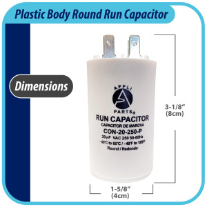 Appli Parts Condensador Capacitor de Marcha 20 Mfd uF (microfaradios) 250VAC CBB60 Cuerpo plastico para bombas de agua y otras aplicaciones Redondo UL E476928 8 cm Alto 4 cm Ancho CON-20-250-P Appli Parts Condensador Capacitor de Marcha 20 Mfd uF (microfaradios) 250VAC CBB60 Cuerpo plastico para bombas de agua y otras aplicaciones Redondo UL E476928 8 cm Alto 4 cm Ancho CON-20-250-P