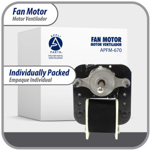 Appli Parts APFM-670 1/130 Hp Fan Motor, 110 V, 50/60 Hz, 3000 rpm, Reversible rotation, Universal Fan Motor Kit, Shaft 3/16 in by 1-1/4 in long includes 2 Fan Blades 4 and 5.5 in Certified UL E479056 Replaces NUV-670, SM670